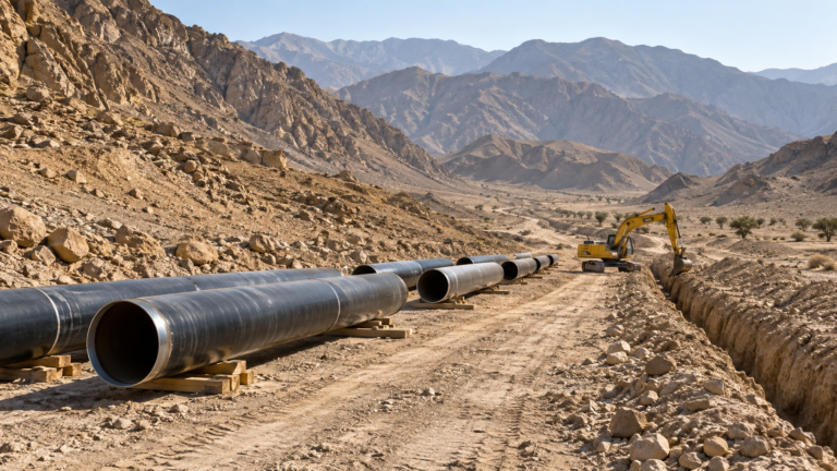 Early gas pipeline works in a dry valley